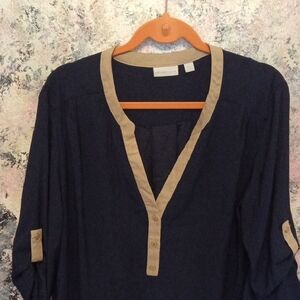 New York & Company Navy and Tan Blouse
